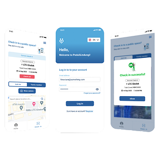 High-fidelity prototype screens showing the family check-in, vaccination proof, and QR code flows with annotations